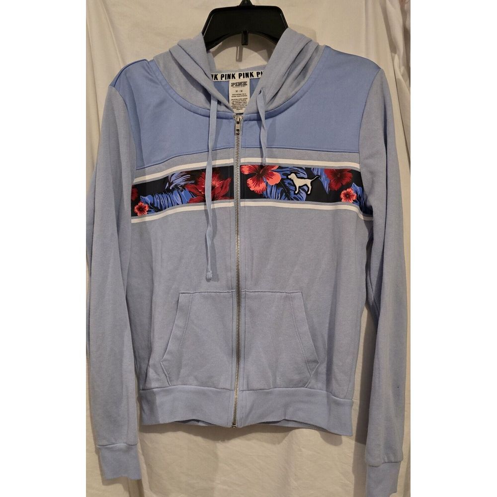 Victorias‎ Secret Pink Tropical Floral Logo Baby Blue Full Zip Hoodie Medium